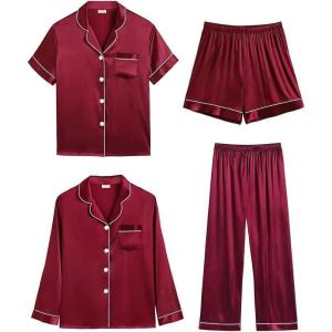 SWOMOG Women 4Pcs Silk Pajamas Set Button Down Sleepwear Loungewear Pj Sets for Ladies Nightwear(Wine Red)
