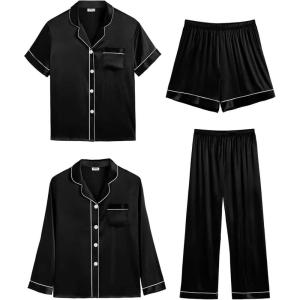 SWOMOG Women 4Pcs Silk Pajamas Set Button Down Sleepwear Loungewear Pj Sets for Ladies Nightwear(Z- Double Piping – Black)