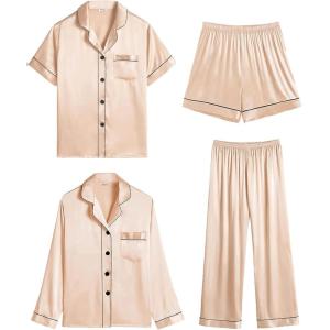 SWOMOG Women 4Pcs Silk Pajamas Set Button Down Sleepwear Loungewear Pj Sets for Ladies Nightwear(Z- Double Piping – Champagne)