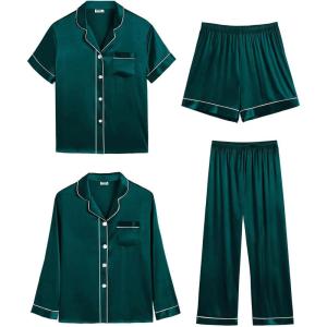 SWOMOG Women 4Pcs Silk Pajamas Set Button Down Sleepwear Loungewear Pj Sets for Ladies Nightwear(Z- Double Piping – Deep Green)