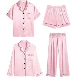SWOMOG Women 4Pcs Silk Pajamas Set Button Down Sleepwear Loungewear Pj Sets for Ladies Nightwear(Z- Double Piping – Pink)