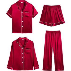 SWOMOG Women 4Pcs Silk Pajamas Set Button Down Sleepwear Loungewear Pj Sets for Ladies Nightwear(Z- Double Piping – Red)