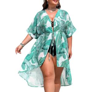 SWOMOG Women Cover Ups Plus Size Swimsuit Chiffon Kimono Long Cardigan Open Front Bathing Suit Summer Flowy Bikini Beachwear(Green Leaf)