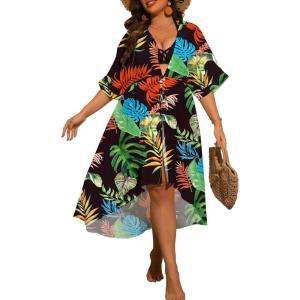 SWOMOG Women Cover Ups Plus Size Swimsuit Chiffon Kimono Long Cardigan Open Front Bathing Suit Summer Flowy Bikini Beachwear(Muticolor Leaf)