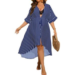 SWOMOG Women Cover Ups Plus Size Swimsuit Chiffon Kimono Long Cardigan Open Front Bathing Suit Summer Flowy Bikini Beachwear(Navy Blue Stripe)