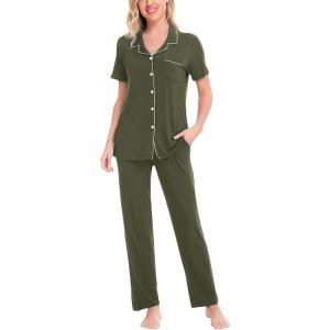 SWOMOG Women Pajama Sets Two-Piece Nightwear Short Sleeve Sleepwear Button Down Pj Lounge Sets with Long Pants(Army Green)