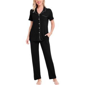 SWOMOG Women Pajama Sets Two-Piece Nightwear Short Sleeve Sleepwear Button Down Pj Lounge Sets with Long Pants(Black)