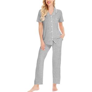 SWOMOG Women Pajama Sets Two-Piece Nightwear Short Sleeve Sleepwear Button Down Pj Lounge Sets with Long Pants(Gray)