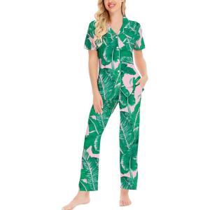 SWOMOG Women Pajama Sets Two-Piece Nightwear Short Sleeve Sleepwear Button Down Pj Lounge Sets with Long Pants(Pink Leaves)