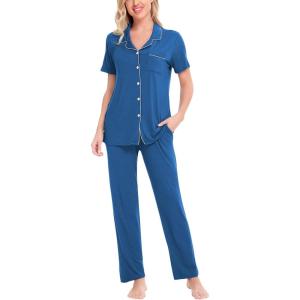 SWOMOG Women Pajama Sets Two-Piece Nightwear Short Sleeve Sleepwear Button Down Pj Lounge Sets with Long Pants(Royal Blue)