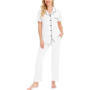 SWOMOG Women Pajama Sets Two-Piece Nightwear Short Sleeve Sleepwear Button Down Pj Lounge Sets with Long Pants(White)