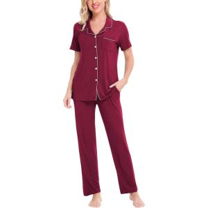 SWOMOG Women Pajama Sets Two-Piece Nightwear Short Sleeve Sleepwear Button Down Pj Lounge Sets with Long Pants(Wine Red)