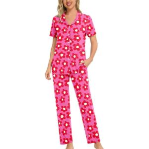 SWOMOG Women Pajama Sets Two-Piece Nightwear Short Sleeve Sleepwear Button Down Pj Lounge Sets with Long Pants(Z-solid Rose Flower)