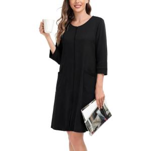 SWOMOG Women Zip Up Robe 3/4 Sleeve Housecoat Soft Cotton Zipper Front Nightgown Loungewear with Pockets(Black)
