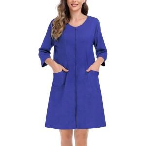 SWOMOG Women Zip Up Robe 3/4 Sleeve Housecoat Soft Cotton Zipper Front Nightgown Loungewear with Pockets(Bright Blue)