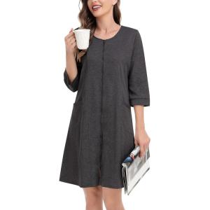 SWOMOG Women Zip Up Robe 3/4 Sleeve Housecoat Soft Cotton Zipper Front Nightgown Loungewear with Pockets(Dark Flecking Gray)