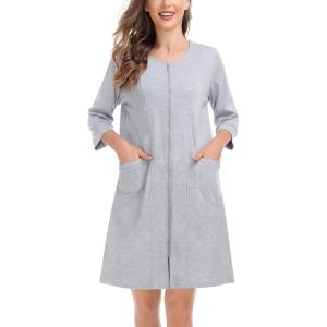 SWOMOG Women Zip Up Robe 3/4 Sleeve Housecoat Soft Cotton Zipper Front Nightgown Loungewear with Pockets(Grey)