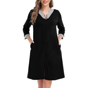 SWOMOG Women Zip Up Robe 3/4 Sleeve Housecoat Soft Cotton Zipper Front Nightgown Loungewear with Pockets(Modal-black)