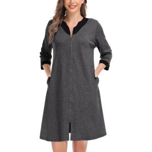 SWOMOG Women Zip Up Robe 3/4 Sleeve Housecoat Soft Cotton Zipper Front Nightgown Loungewear with Pockets(Modal-deep Grey)
