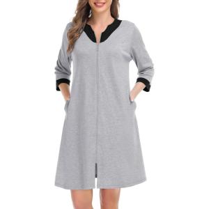SWOMOG Women Zip Up Robe 3/4 Sleeve Housecoat Soft Cotton Zipper Front Nightgown Loungewear with Pockets(Modal-grey)