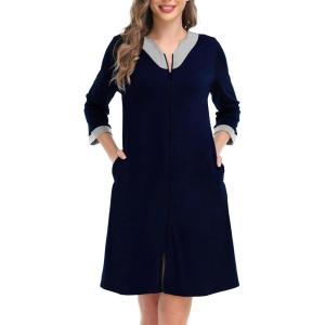SWOMOG Women Zip Up Robe 3/4 Sleeve Housecoat Soft Cotton Zipper Front Nightgown Loungewear with Pockets(Modal-navy Blue)