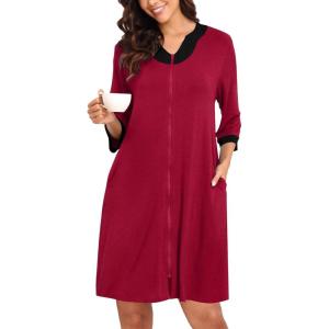 SWOMOG Women Zip Up Robe 3/4 Sleeve Housecoat Soft Cotton Zipper Front Nightgown Loungewear with Pockets(Modal-wine Red)