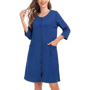 SWOMOG Women Zip Up Robe 3/4 Sleeve Housecoat Soft Cotton Zipper Front Nightgown Loungewear with Pockets(Navy)