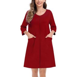 SWOMOG Women Zip Up Robe 3/4 Sleeve Housecoat Soft Cotton Zipper Front Nightgown Loungewear with Pockets(Red)