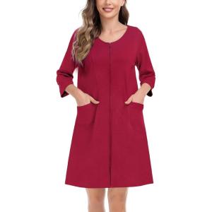 SWOMOG Women Zip Up Robe 3/4 Sleeve Housecoat Soft Cotton Zipper Front Nightgown Loungewear with Pockets(Wine Red)