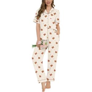 SWOMOG Women’s 2 Piece Pajama Sets Shorts Sleeve Pajamas Cute Pj Set Lounge Matching Pjs Button Shirt with Long Pants(Beige Bear)