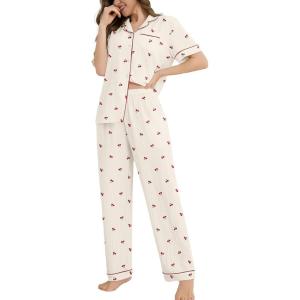 SWOMOG Women’s 2 Piece Pajama Sets Shorts Sleeve Pajamas Cute Pj Set Lounge Matching Pjs Button Shirt with Long Pants(Beige Cherry)