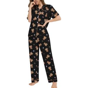 SWOMOG Women’s 2 Piece Pajama Sets Shorts Sleeve Pajamas Cute Pj Set Lounge Matching Pjs Button Shirt with Long Pants(Black Brown Bear)