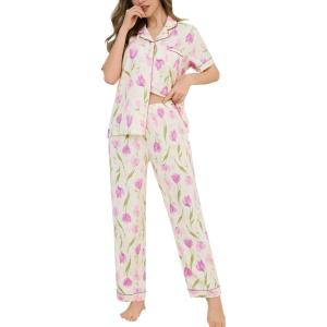 SWOMOG Women’s 2 Piece Pajama Sets Shorts Sleeve Pajamas Cute Pj Set Lounge Matching Pjs Button Shirt with Long Pants(Pink Purple Flower)