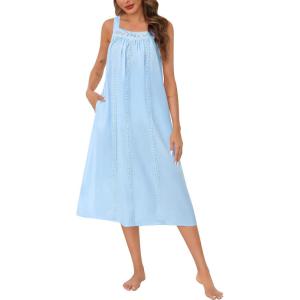 SWOMOG Women’s Cotton Nightgowns Sleeveless Night Gown Embroidery House Dress Soft Long Nightdress with Pockets(Blue)