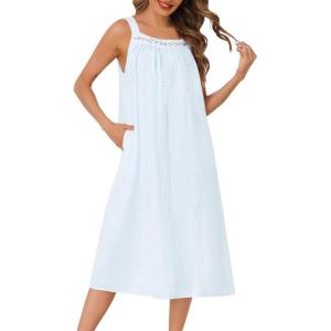 SWOMOG Women’s Cotton Nightgowns Sleeveless Night Gown Embroidery House Dress Soft Long Nightdress with Pockets(Light Blue)