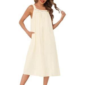 SWOMOG Women’s Cotton Nightgowns Sleeveless Night Gown Embroidery House Dress Soft Long Nightdress with Pockets(Light Yellow)