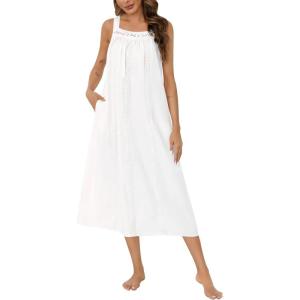 SWOMOG Women’s Cotton Nightgowns Sleeveless Night Gown Embroidery House Dress Soft Long Nightdress with Pockets(White)
