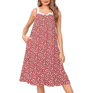 SWOMOG Women’s Cotton Nightgowns Sleeveless Night Gown Victorian Lace Trim Sleepwear Soft Long Nightdress with Pockets(Rose Red Floral)