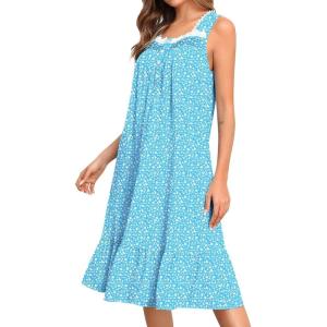 SWOMOG Womens Nightgowns Sleeveless Night Gown Victorian Nightdress House Dress with Pockets Ruffle Button Sleepshirt S-XXXL(Blue Florals)