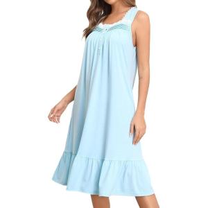 SWOMOG Womens Nightgowns Sleeveless Night Gown Victorian Nightdress House Dress with Pockets Ruffle Button Sleepshirt S-XXXL(Light Blue)