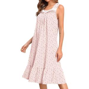 SWOMOG Womens Nightgowns Sleeveless Night Gown Victorian Nightdress House Dress with Pockets Ruffle Button Sleepshirt S-XXXL(Pink Flower)