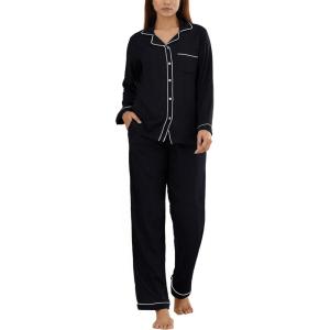 SWOMOG Womens Pajama Sets Long Sleeve Button Down Sleepwear Soft Pjs Lounge Sets with Pockets Navy Blue Wide Piping(Black)