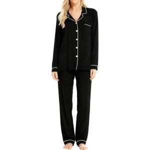 SWOMOG Womens Pajama Sets Long Sleeve Button Down Sleepwear Soft Pjs Lounge Sets with Pockets Navy Blue Wide Piping(Black- Classic)
