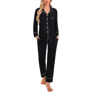 SWOMOG Womens Pajama Sets Long Sleeve Button Down Sleepwear Soft Pjs Lounge Sets with Pockets Navy Blue Wide Piping(Black-wide Piping)