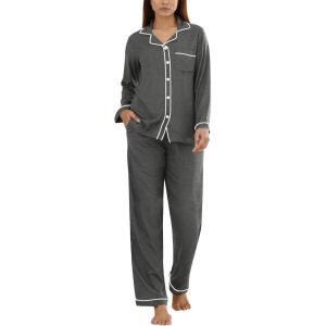 SWOMOG Womens Pajama Sets Long Sleeve Button Down Sleepwear Soft Pjs Lounge Sets with Pockets Navy Blue Wide Piping(Deep Grey)
