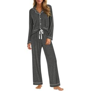 SWOMOG Womens Pajama Sets Long Sleeve Button Down Sleepwear Soft Pjs Lounge Sets with Pockets Navy Blue Wide Piping(Deep Grey-two Pockets)