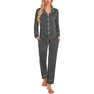 SWOMOG Womens Pajama Sets Long Sleeve Button Down Sleepwear Soft Pjs Lounge Sets with Pockets Navy Blue Wide Piping(Deep Grey-wide Piping)