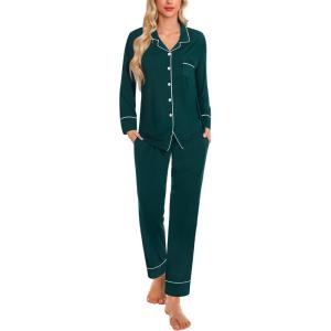 SWOMOG Womens Pajama Sets Long Sleeve Button Down Sleepwear Soft Pjs Lounge Sets with Pockets Navy Blue Wide Piping(Emerald Green)