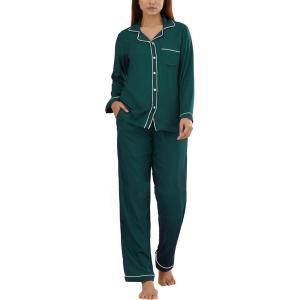 SWOMOG Womens Pajama Sets Long Sleeve Button Down Sleepwear Soft Pjs Lounge Sets with Pockets Navy Blue Wide Piping(Green)