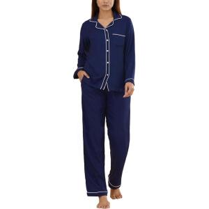 SWOMOG Womens Pajama Sets Long Sleeve Button Down Sleepwear Soft Pjs Lounge Sets with Pockets Navy Blue Wide Piping(Navy Blue)